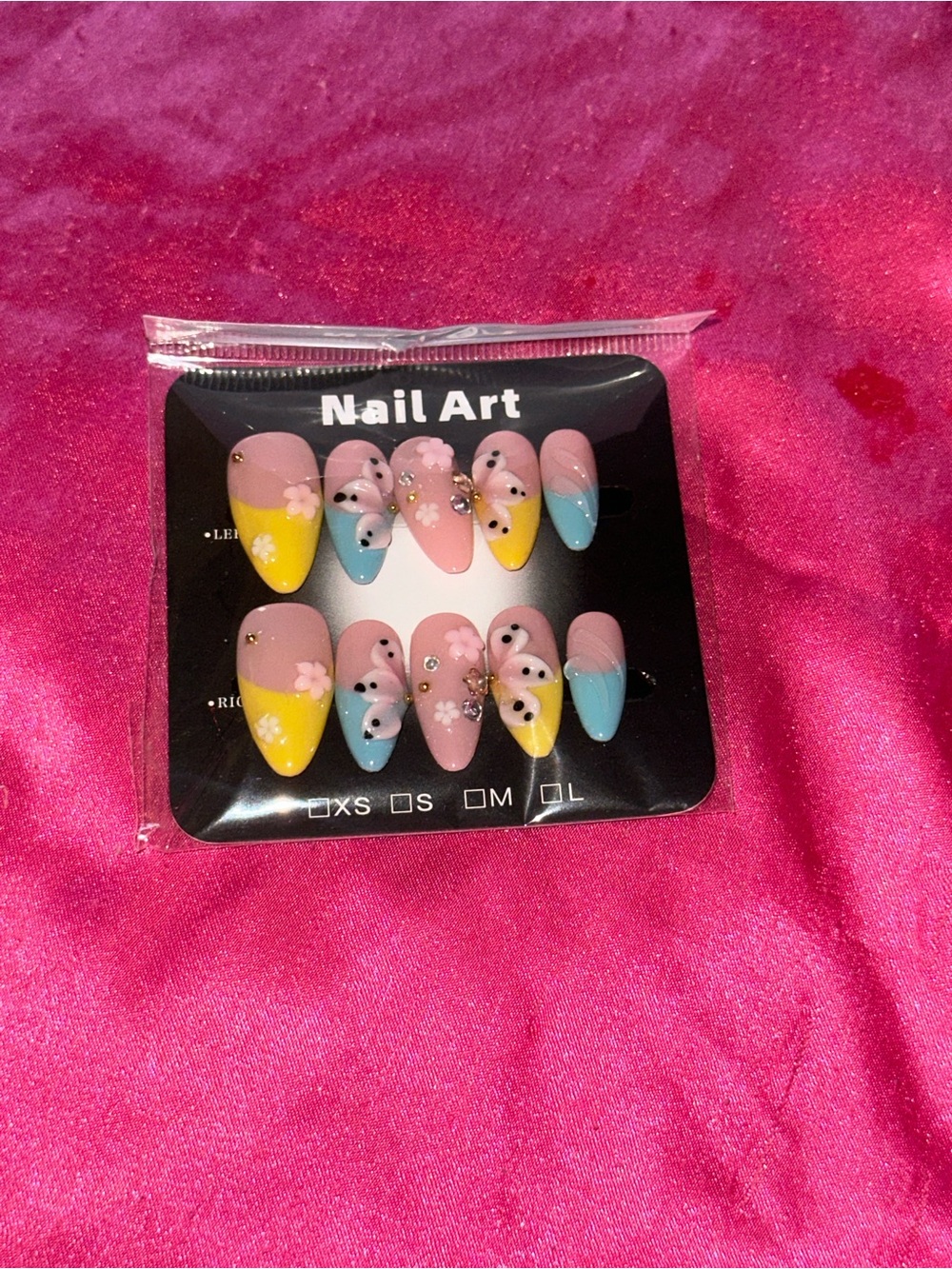 Nail Art Press-On Set - Pink, Yellow & Blue